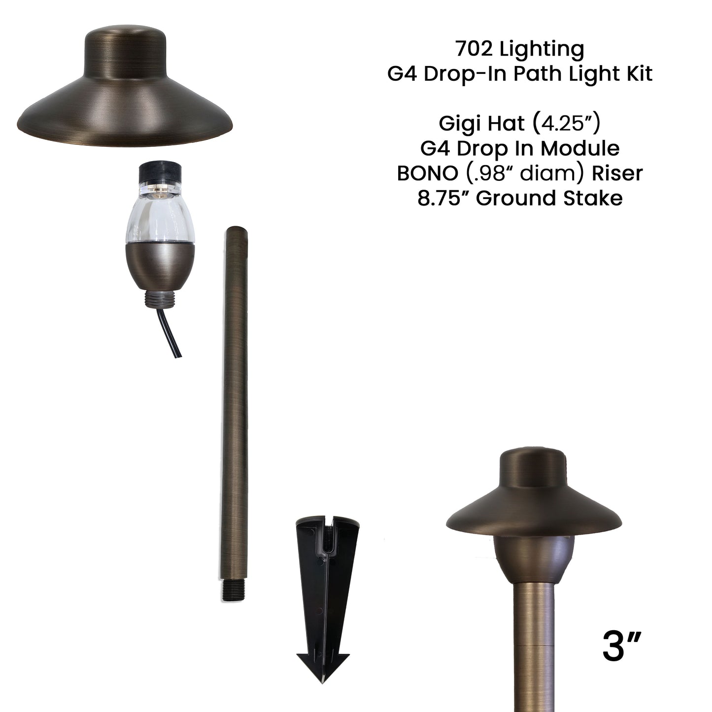 702 Lighting Drop-In Path Light Kit, G4 Module, GIGI Hat, 3in Bono Riser