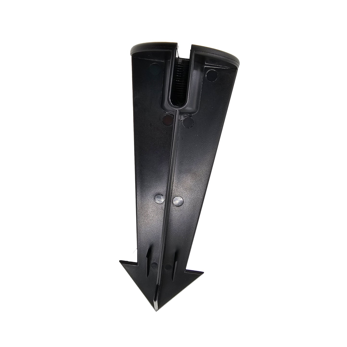 longer threads ground stake made out of black plastic abs with pointy edges to cut through ground