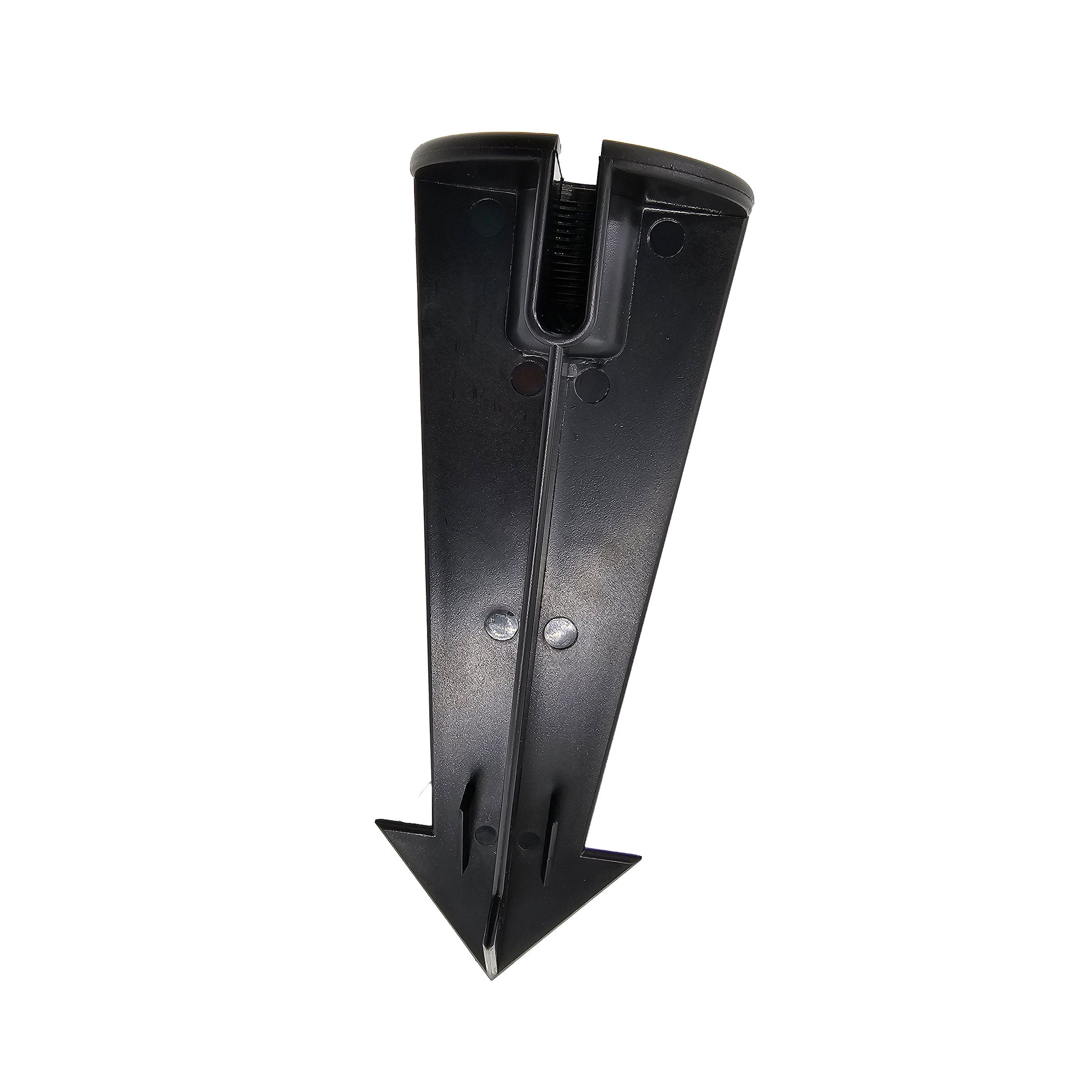 longer threads ground stake made out of black plastic abs with pointy edges to cut through ground