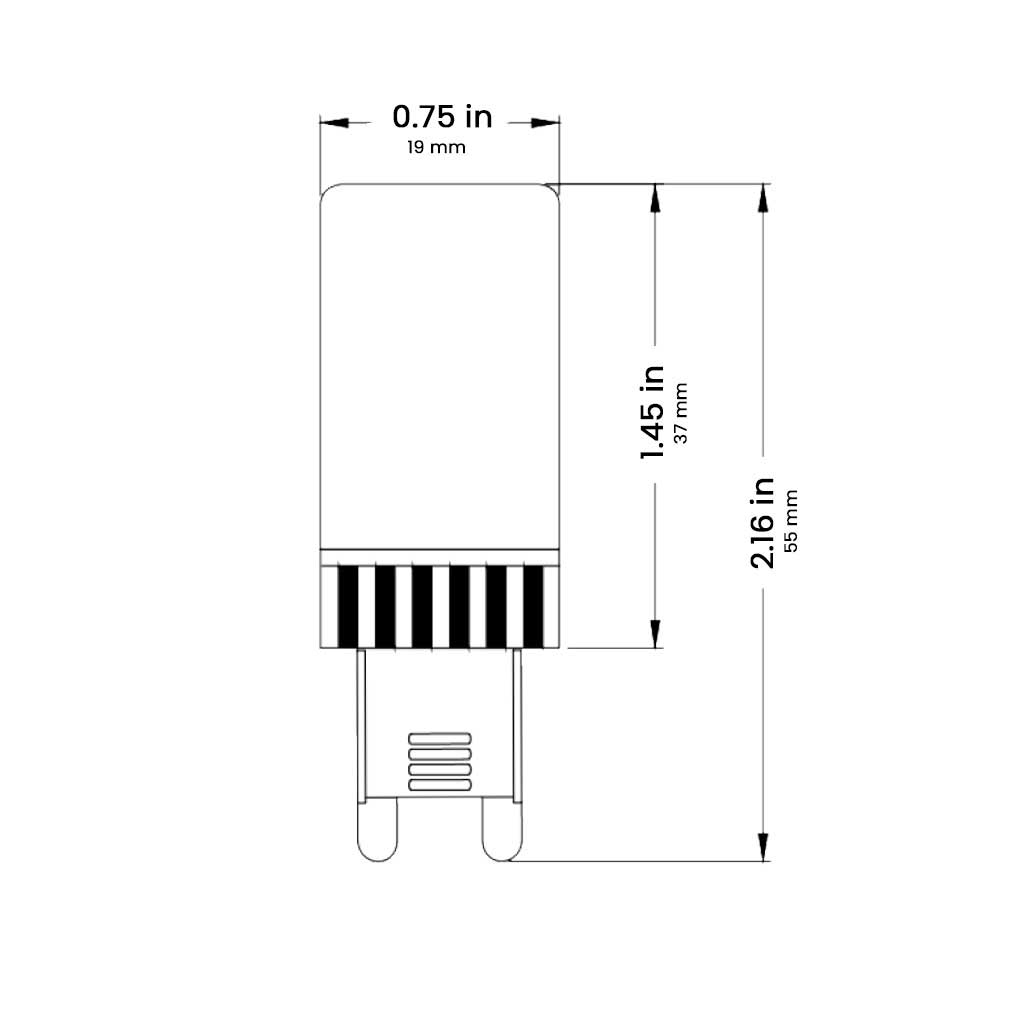 G9 lamp dimensions in inches and mm