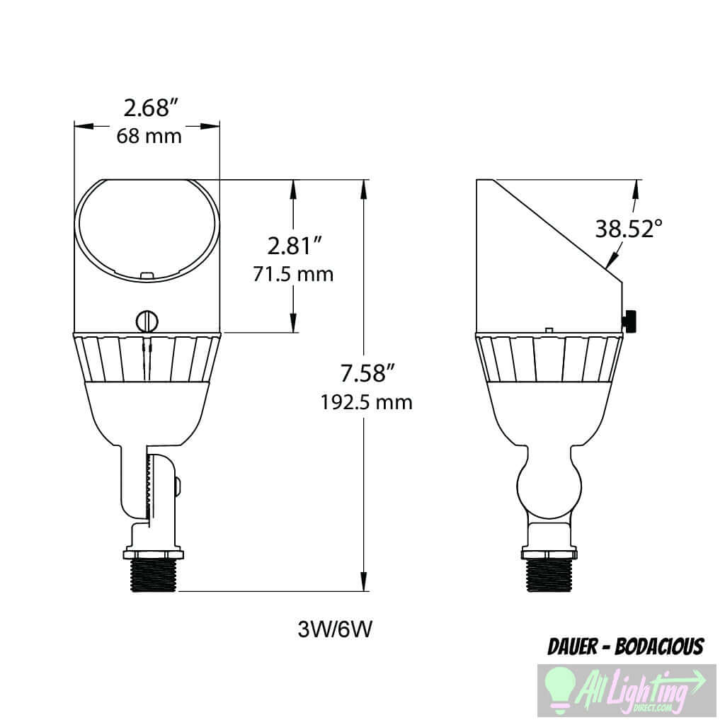 Dauer Bodacious 6W LED accent light technical drawing with dimensions for precise landscape lighting installation.