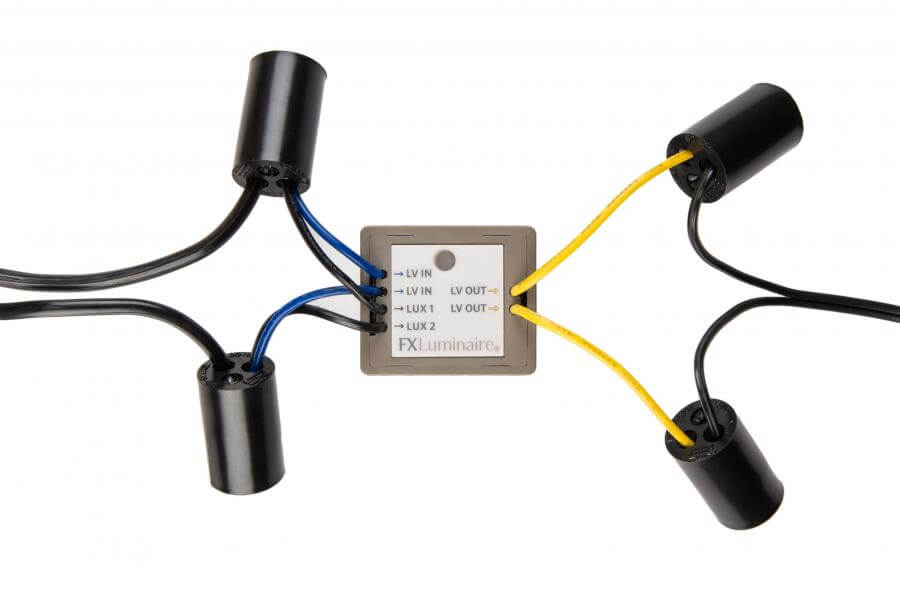 FX Luminaire Low Voltage Luxor Cube with wiring connections for landscape lighting control and dimming.