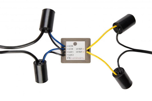 FX Luminaire Low Voltage Luxor Cube with wiring connections for landscape lighting control and dimming.