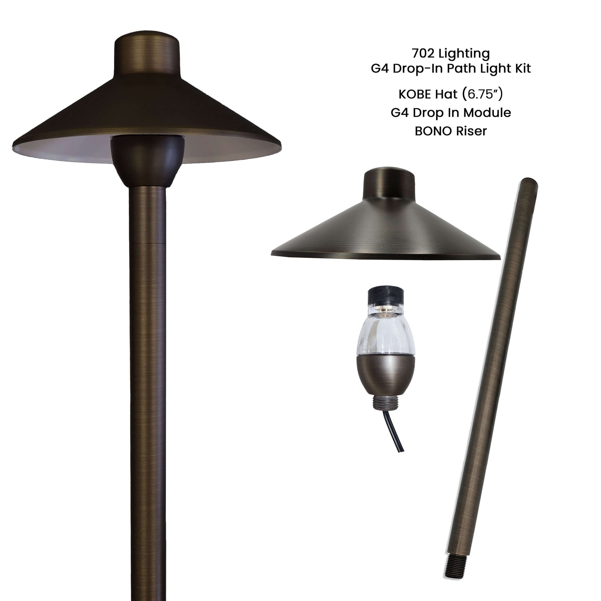 702 Lighting G4 Drop-In Path Light Kit with Kobe Hat and Bono Riser for elegant landscape lighting.