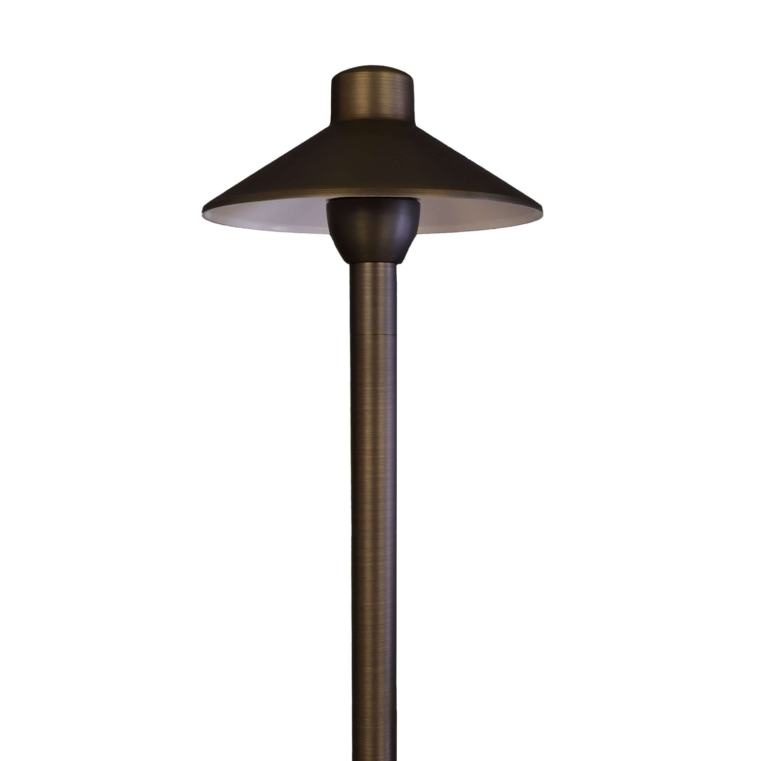 702 Lighting drop-in path light kit with a stylish Kobe hat and brass riser for landscape lighting.
