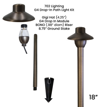 702 Lighting Drop-In Path Light Kit, G4 Module, GIGI Hat, BONO 18in Brass Riser