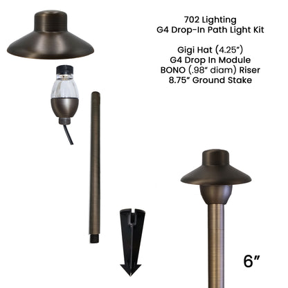 702 Lighting Drop-In Path Light Kit, G4 Module, GIGI Hat, 6in Bono Brass Riser