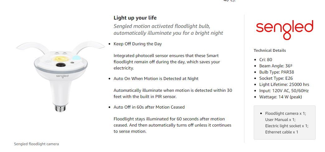 Sengled SNAP 2 AS02-PAR38NAE26-SA-1 • Smart LED with Wifi Security Camera, PAR38 Bulb