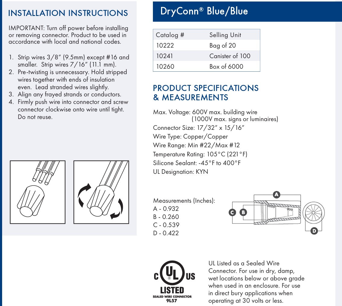 King 10241 DryConn Blue/Blue Waterproof Connectors - Outdoor/Irrigation #100 pack