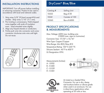 King 10241 DryConn Blue/Blue Waterproof Connectors - Outdoor/Irrigation #100 pack